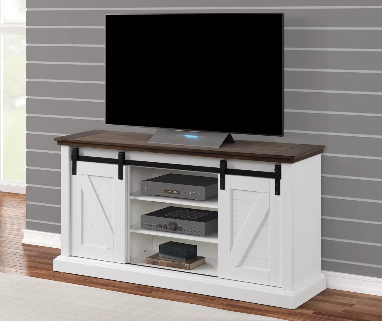 60" Dark Brown & White Barn Door TV Stand 1 60" Dark Brown & White Barn Door TV Stand