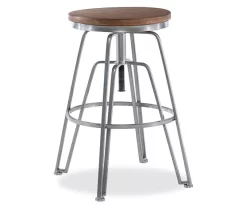 Brown Wood & Chrome Adjustable Swivel Bar Stool