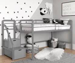 DHP Kaden Gray Junior Twin Loft Bed With Storage Steps